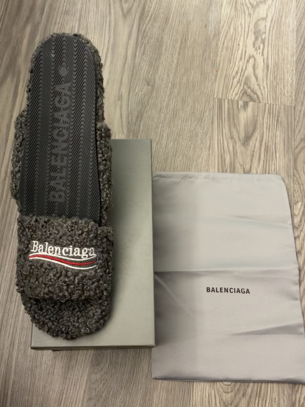 Balenciaga dark grey Curly Shearling Slide with Embroidered Logo